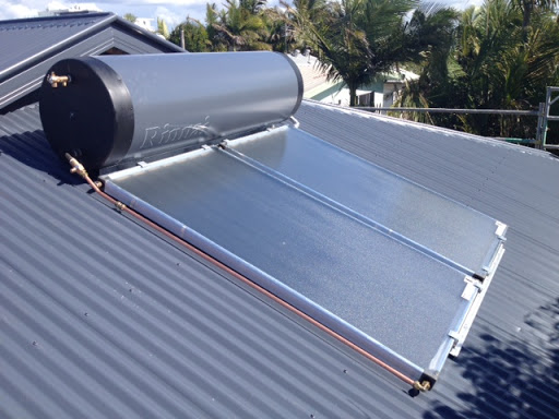 Solar hot water system fitted to a corrugated roof in Nambour