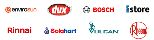 Logos of well-known hot water system brands available in Nambour