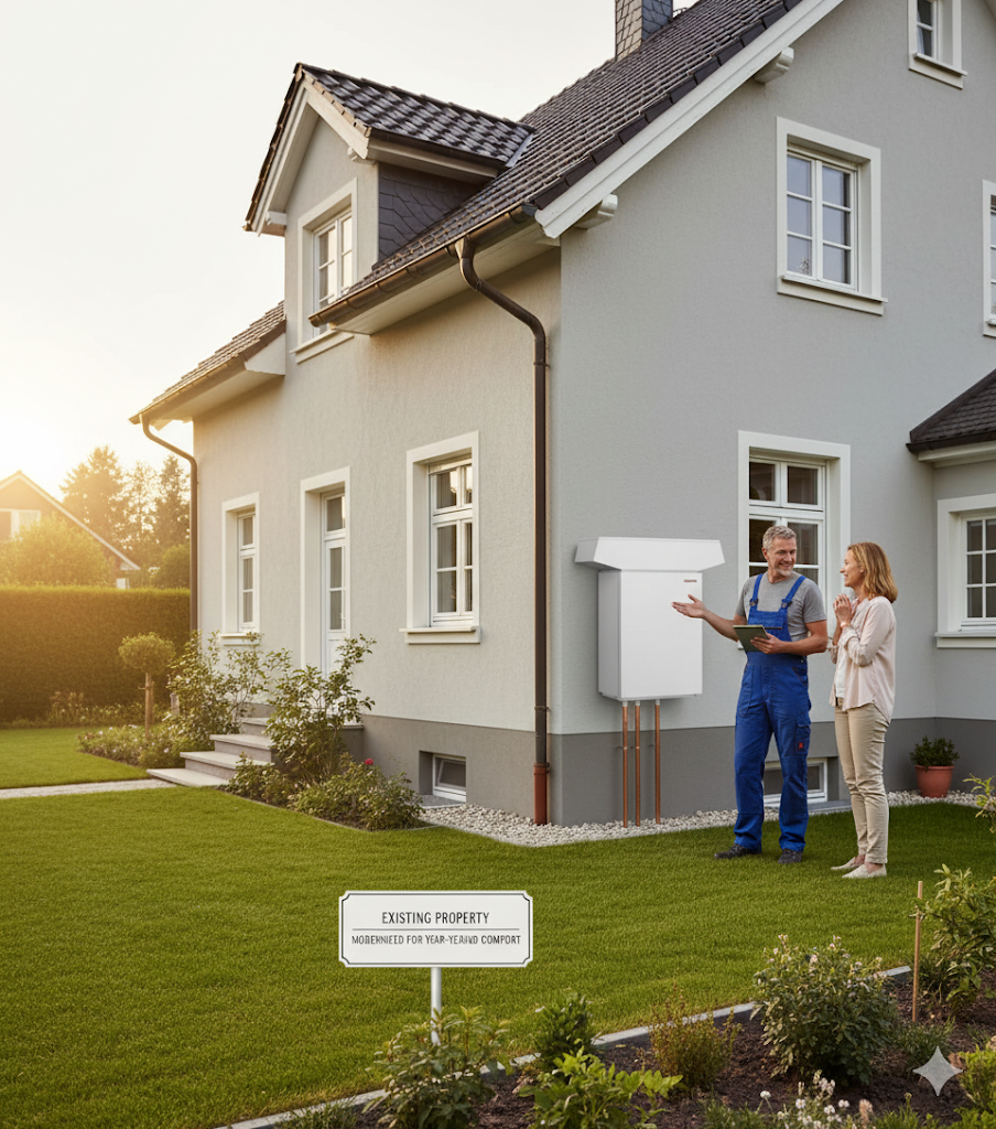 Technician describing an outdoor hot water system installation at a Nambour residence.