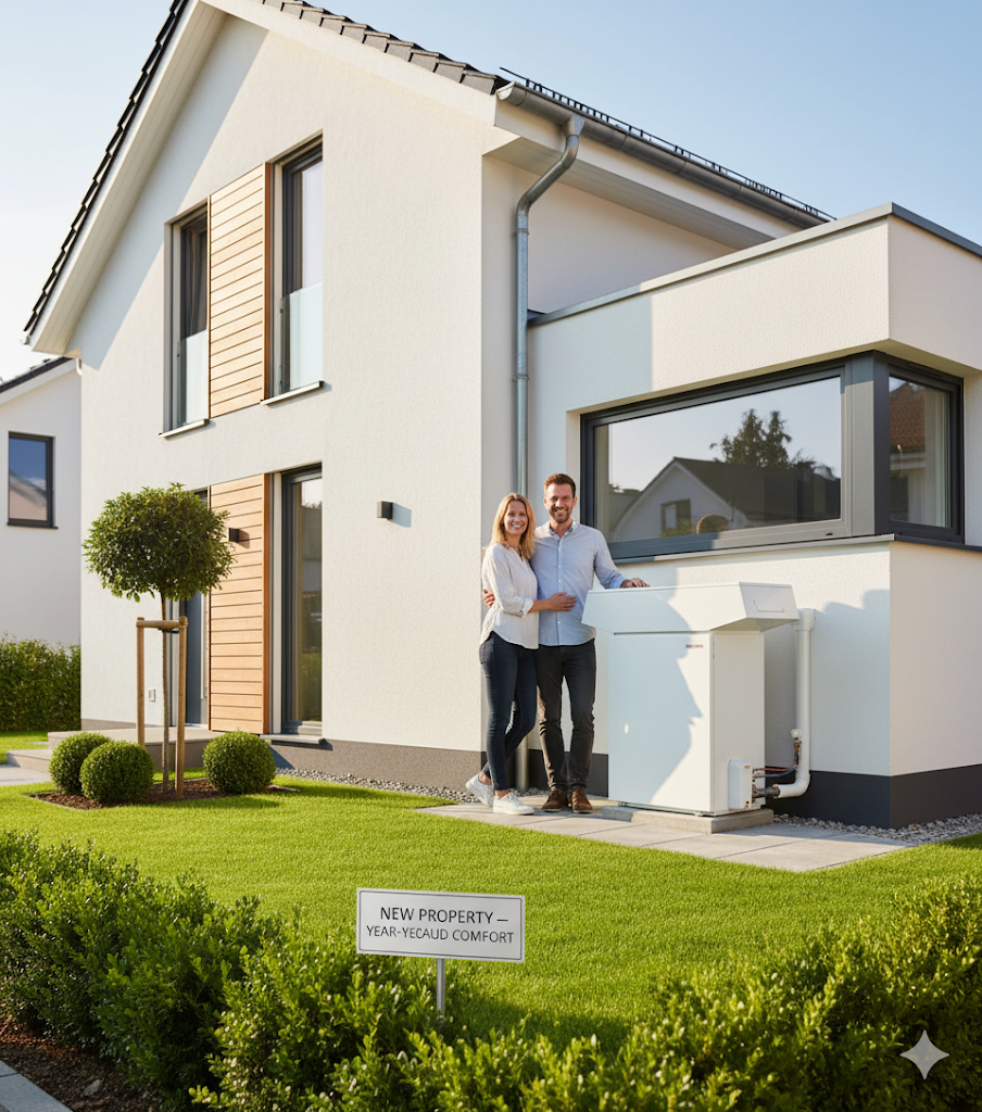 Couple standing beside an outdoor hot water system at a new Nambour home